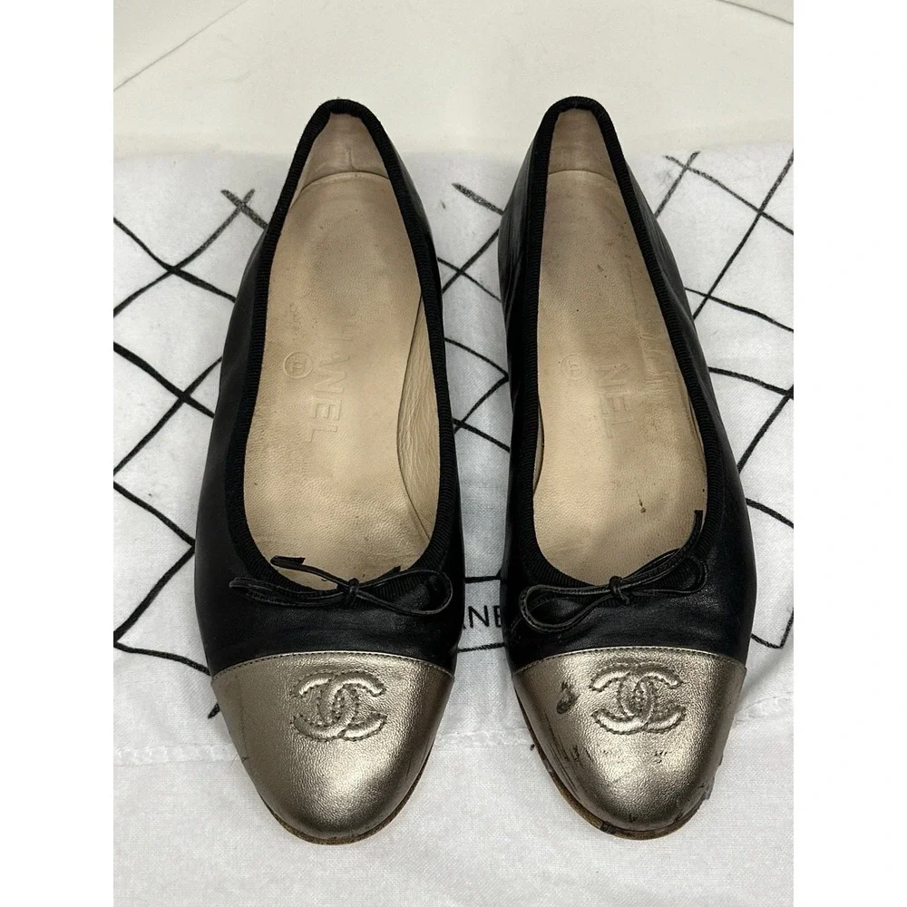 CHANEL Women's Leather Ballet‎ Flats W/Metallic Cap Toe, Black, Size 35.5/US 5